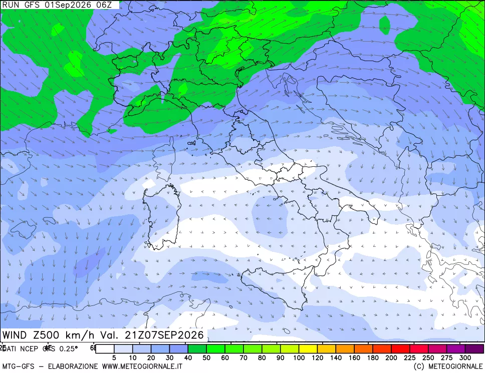 mappa 500 hPa Vento forza e direzione