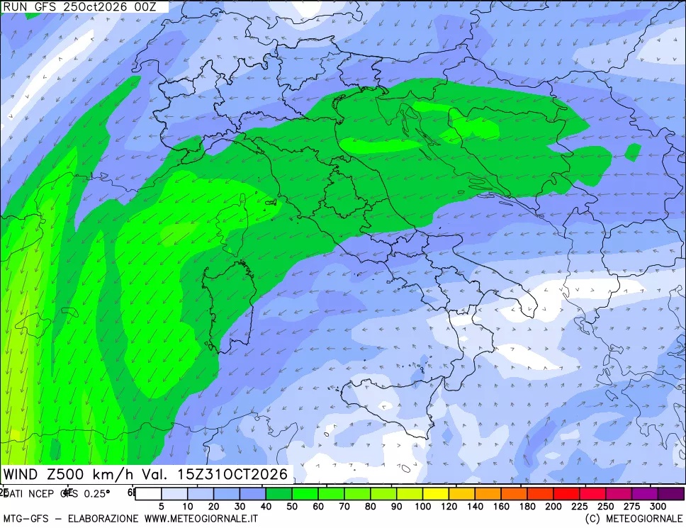 mappa 500 hPa Vento forza e direzione