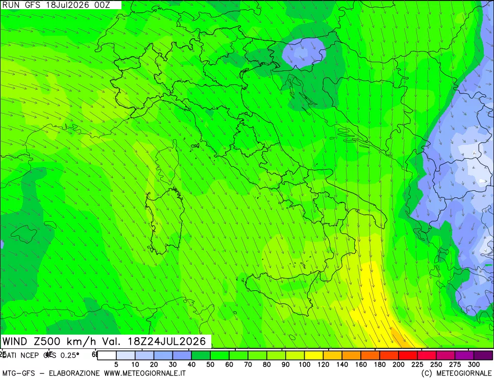 mappa 500 hPa Vento forza e direzione