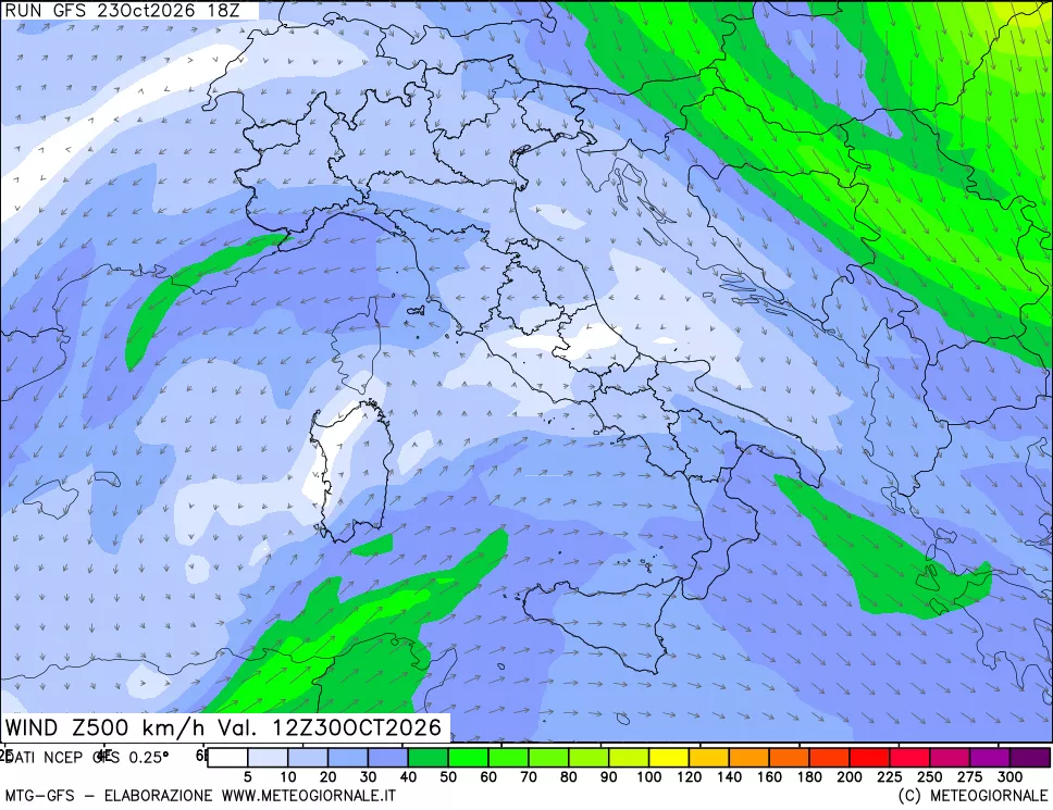 mappa 500 hPa Vento forza e direzione