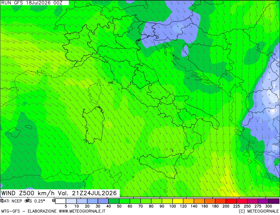 mappa 500 hPa Vento forza e direzione