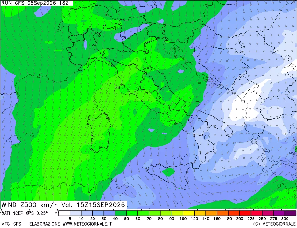 mappa 500 hPa Vento forza e direzione