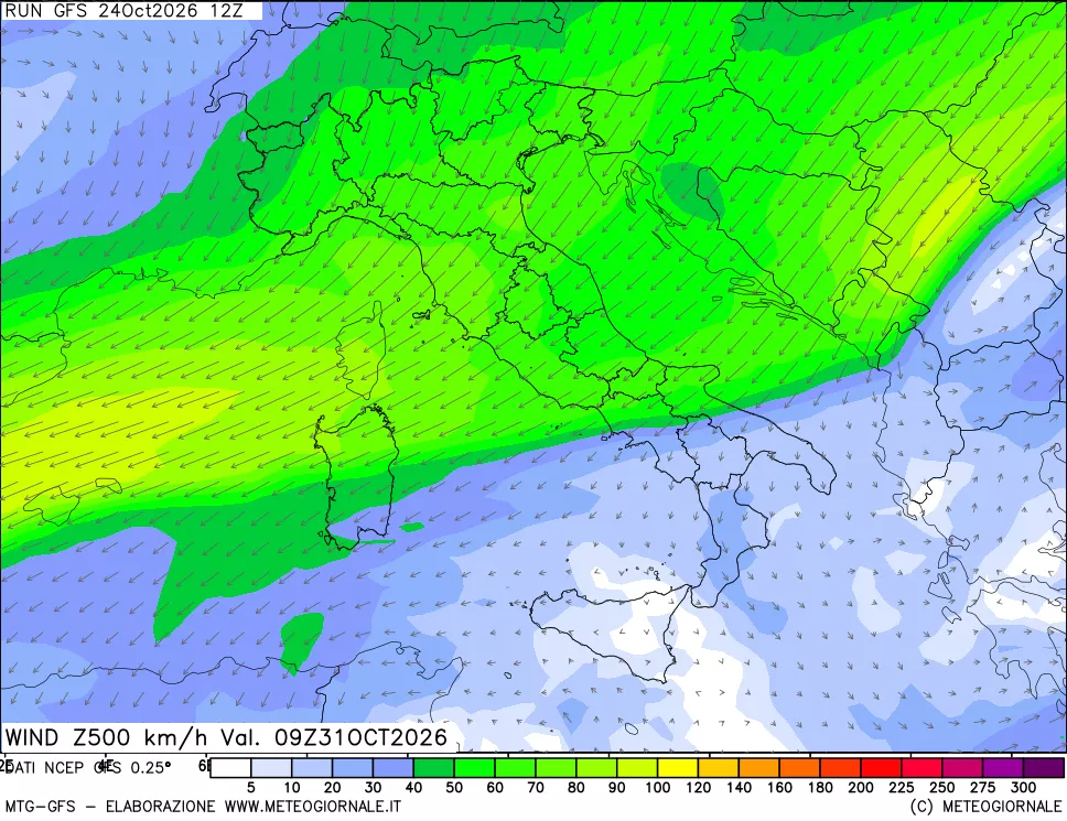 mappa 500 hPa Vento forza e direzione