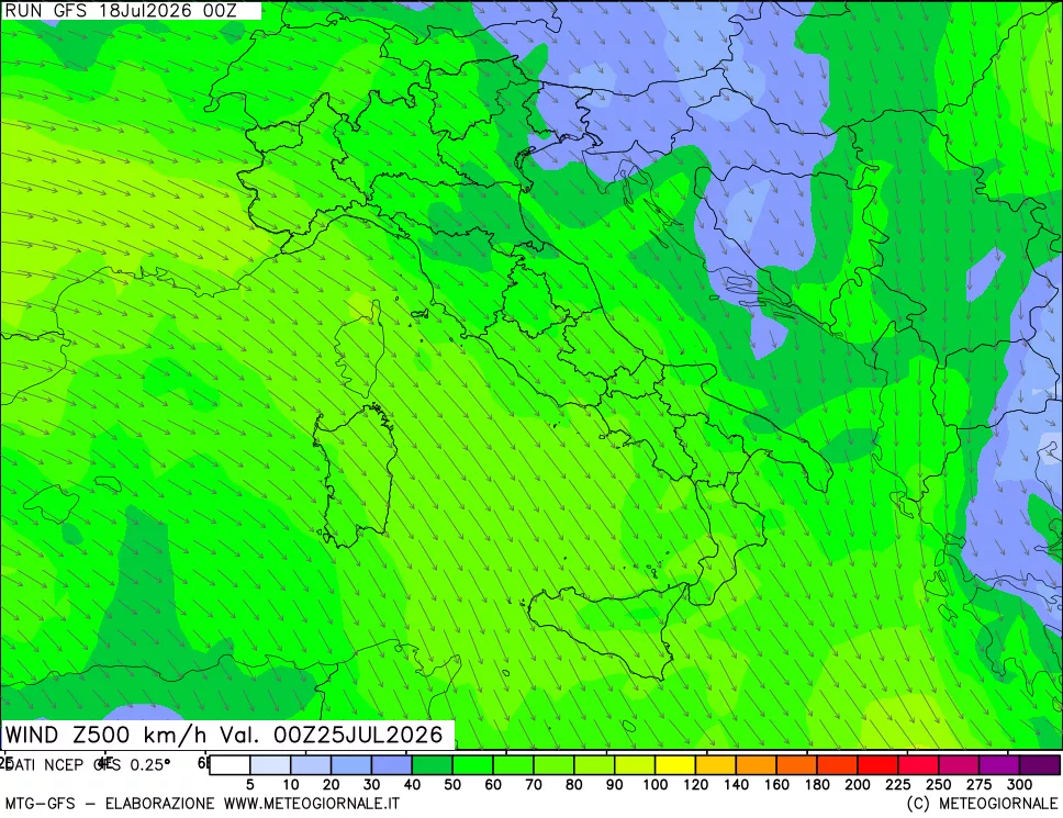 mappa 500 hPa Vento forza e direzione