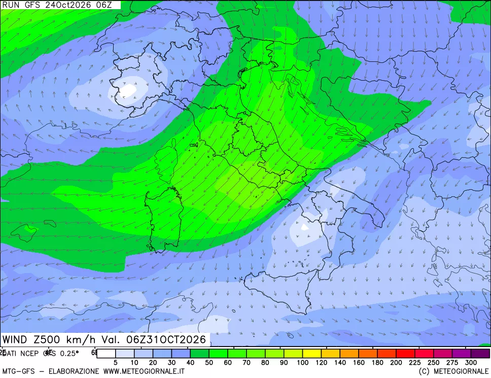 mappa 500 hPa Vento forza e direzione