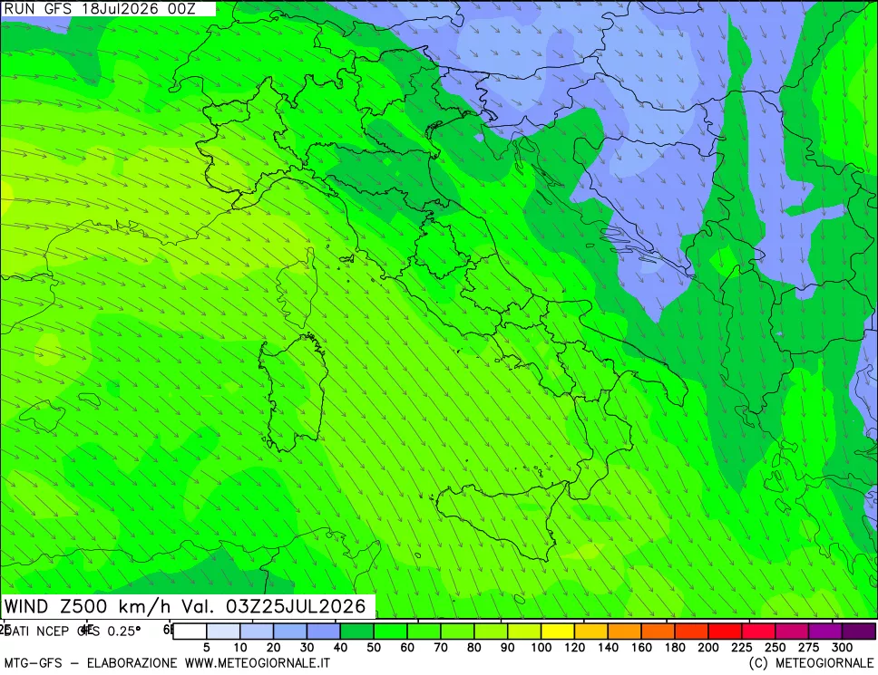 mappa 500 hPa Vento forza e direzione