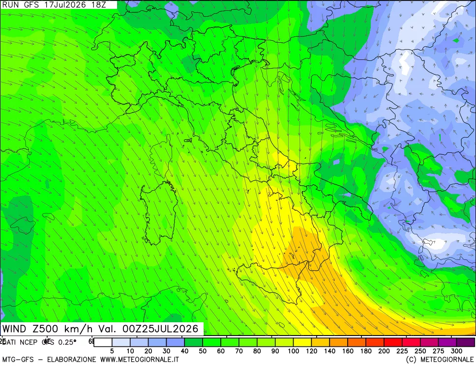 mappa 500 hPa Vento forza e direzione