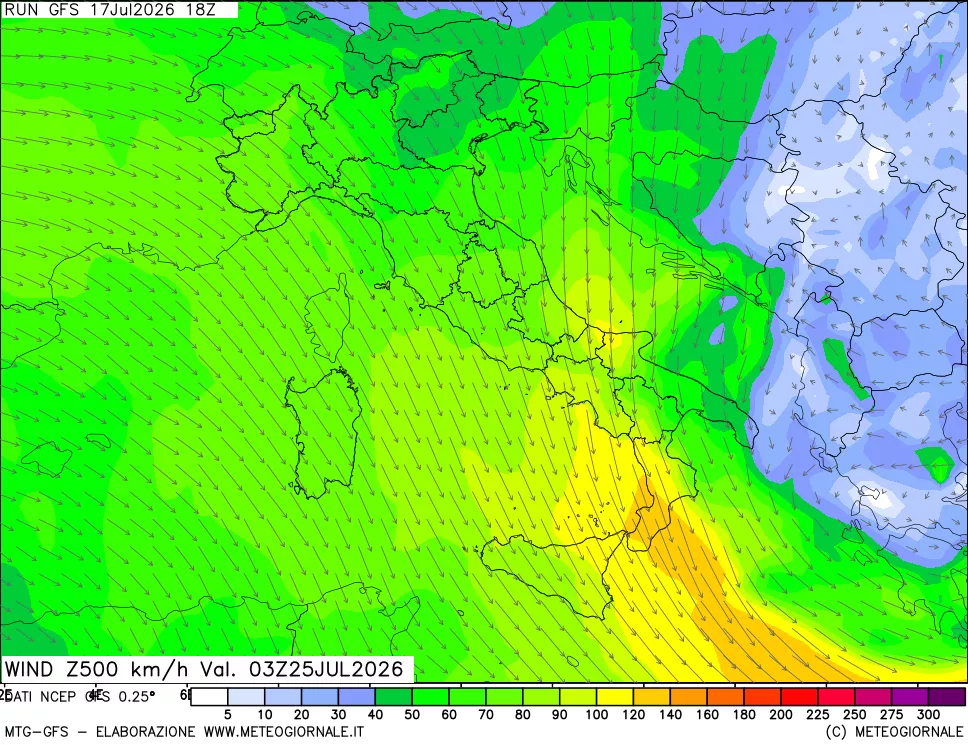 mappa 500 hPa Vento forza e direzione