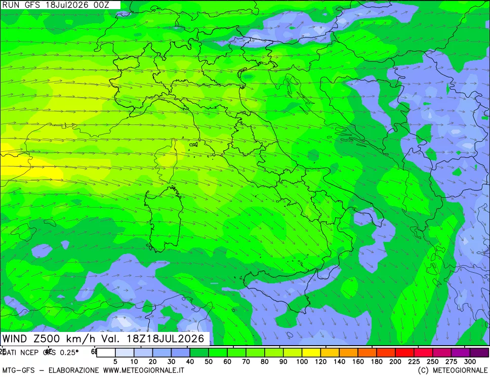 mappa 500 hPa Vento forza e direzione