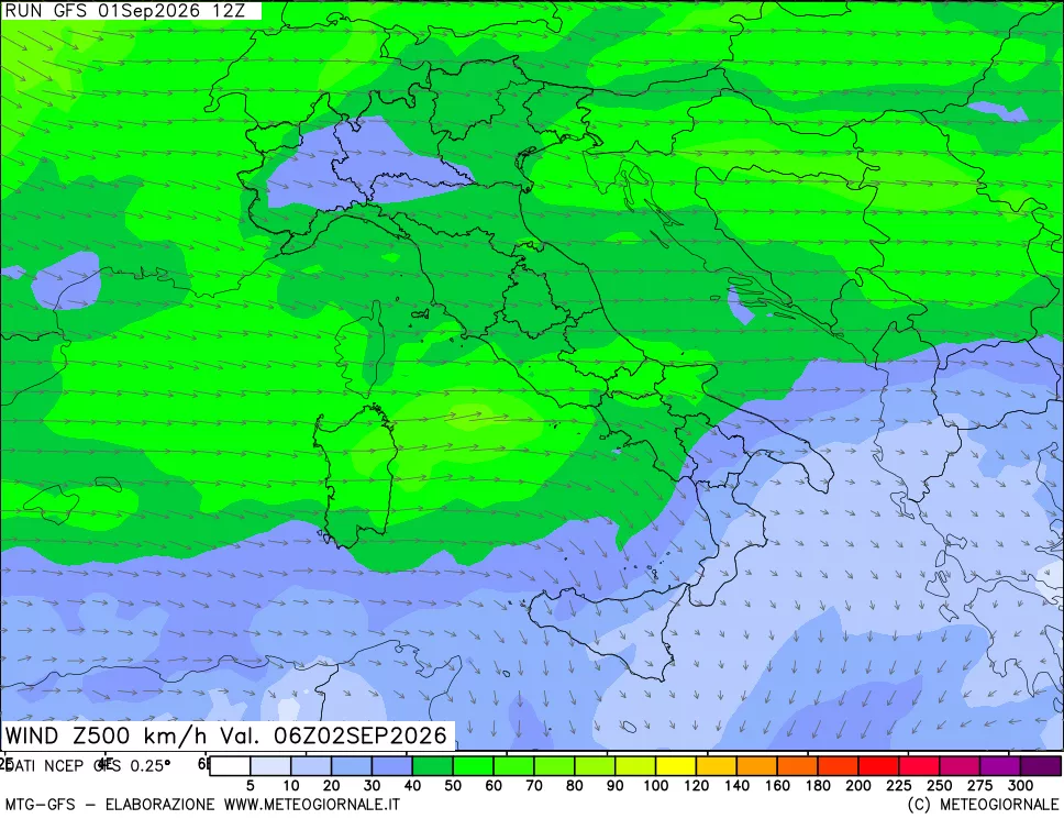mappa 500 hPa Vento forza e direzione