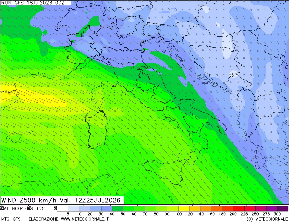 mappa 500 hPa Vento forza e direzione
