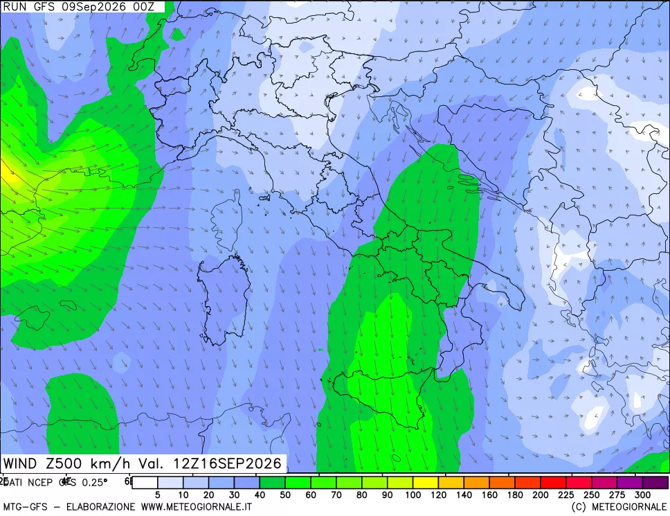 mappa 500 hPa Vento forza e direzione