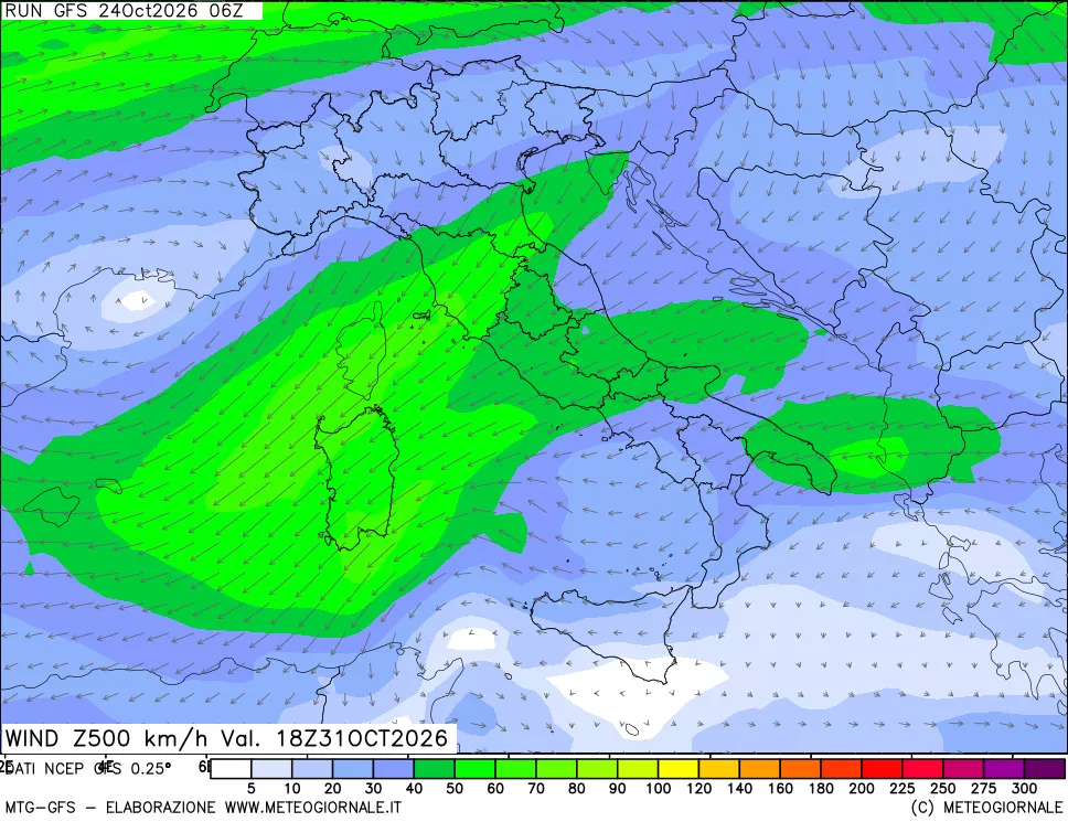 mappa 500 hPa Vento forza e direzione