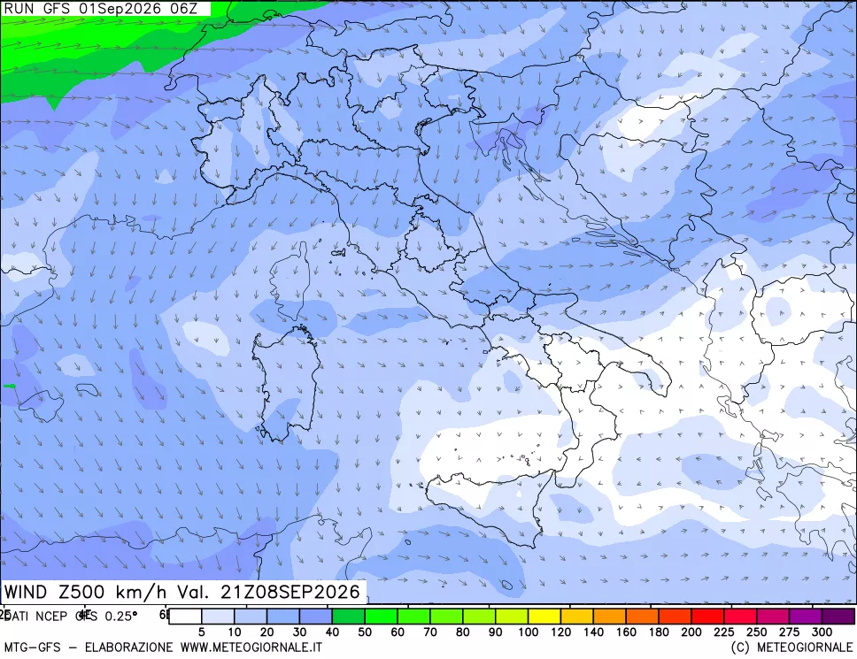 mappa 500 hPa Vento forza e direzione