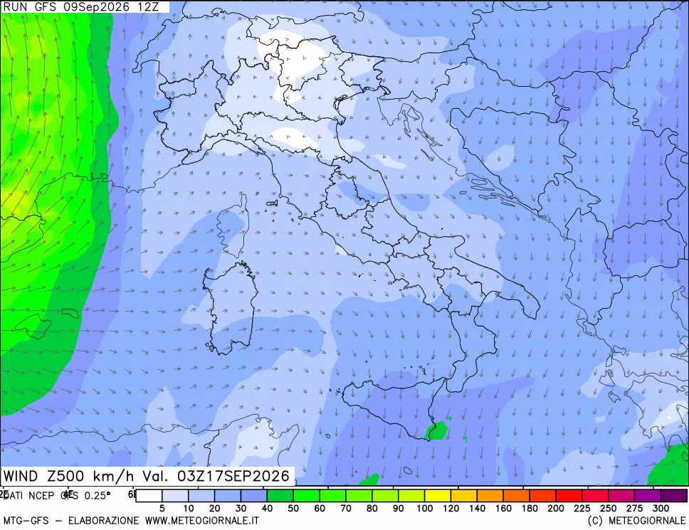 mappa 500 hPa Vento forza e direzione