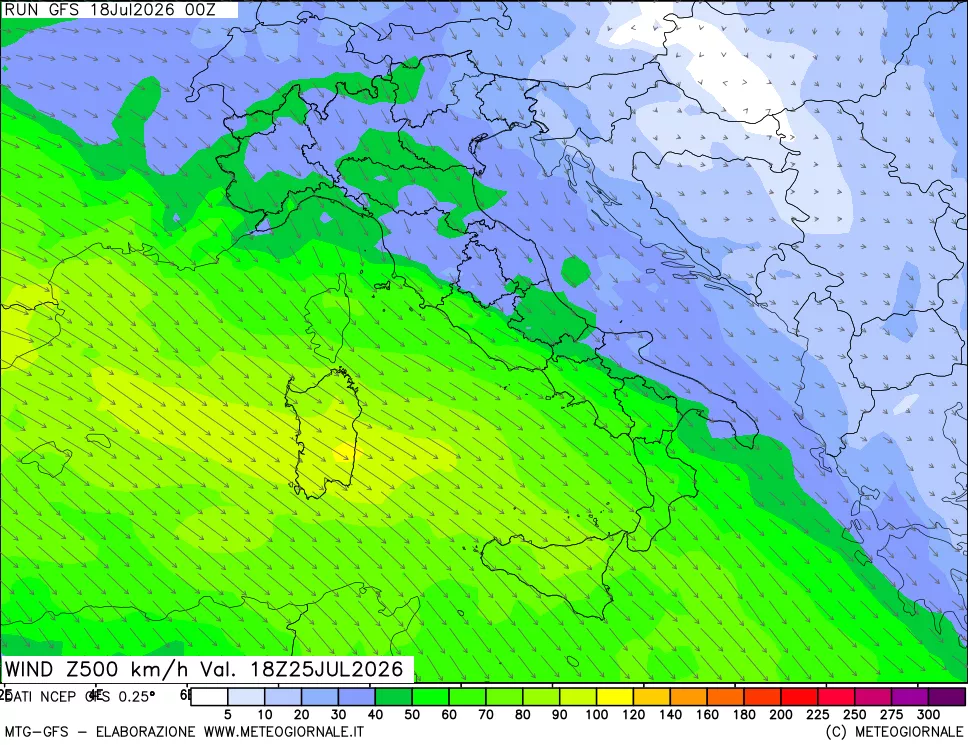 mappa 500 hPa Vento forza e direzione