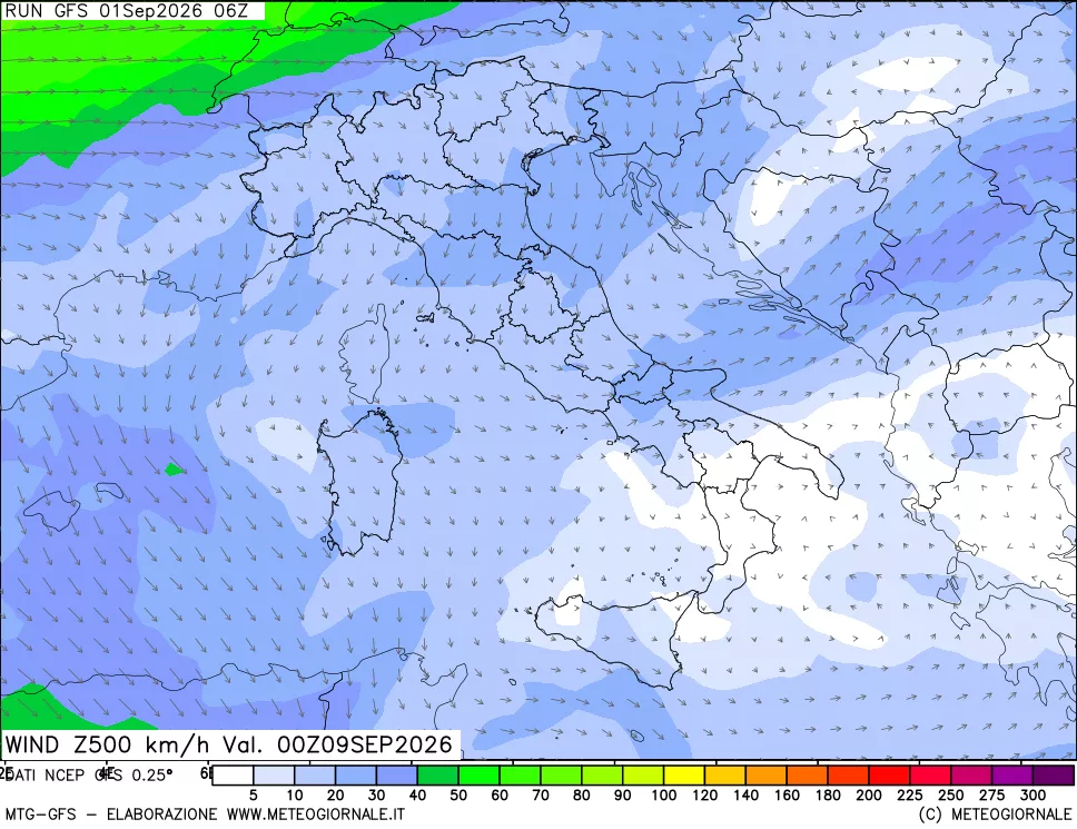 mappa 500 hPa Vento forza e direzione