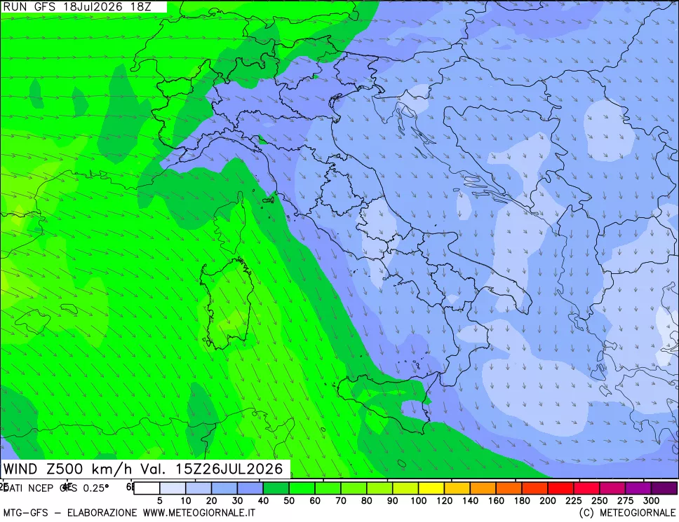 mappa 500 hPa Vento forza e direzione