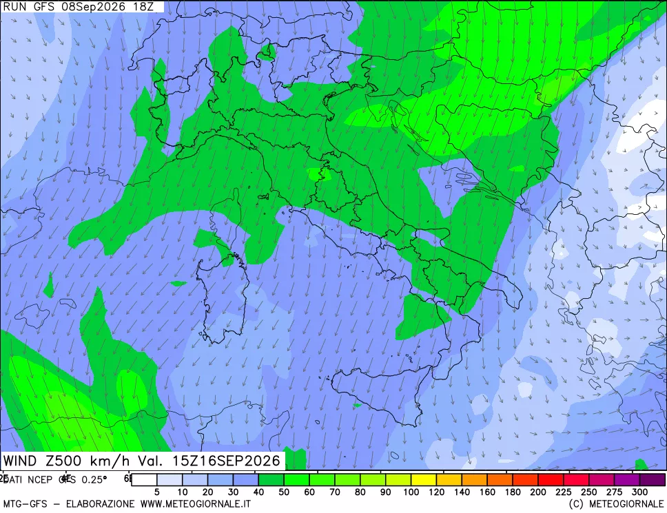 mappa 500 hPa Vento forza e direzione