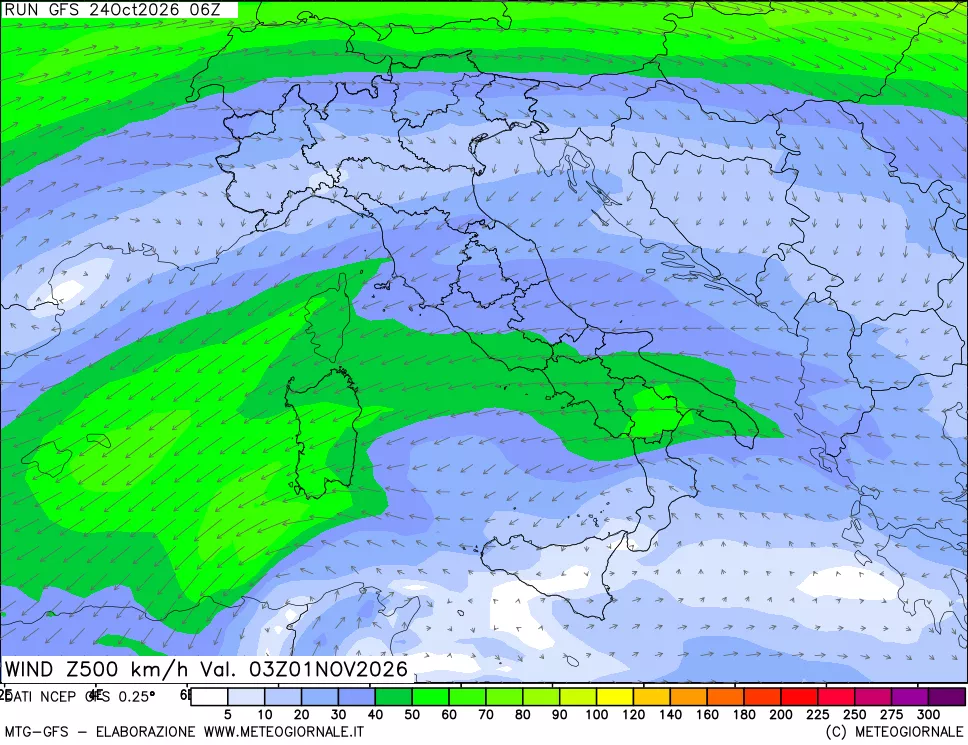 mappa 500 hPa Vento forza e direzione