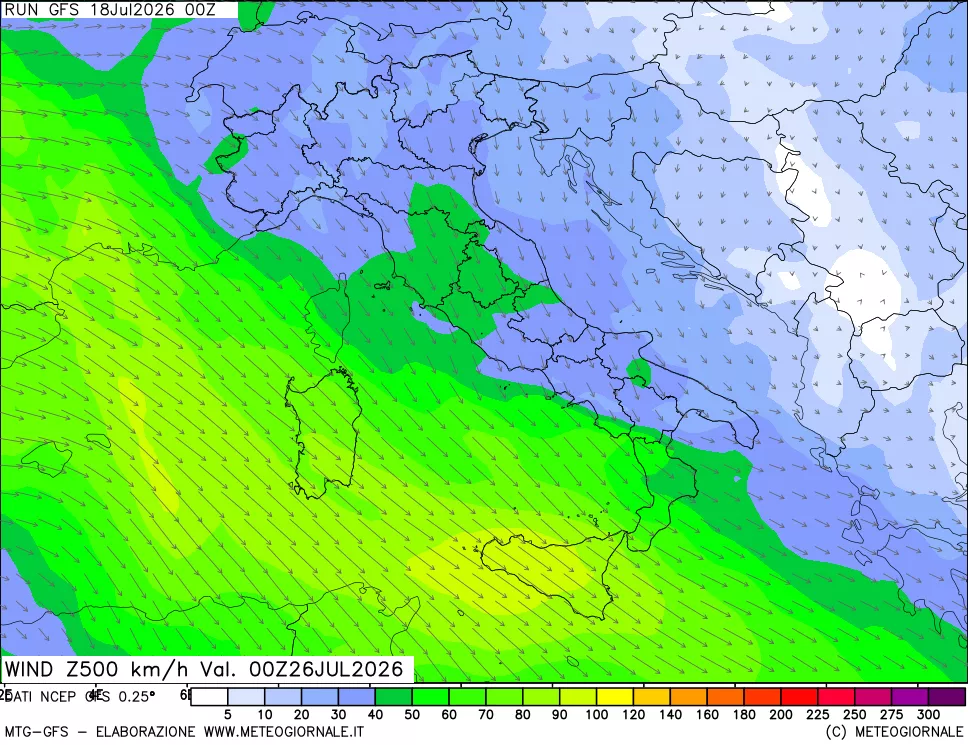 mappa 500 hPa Vento forza e direzione