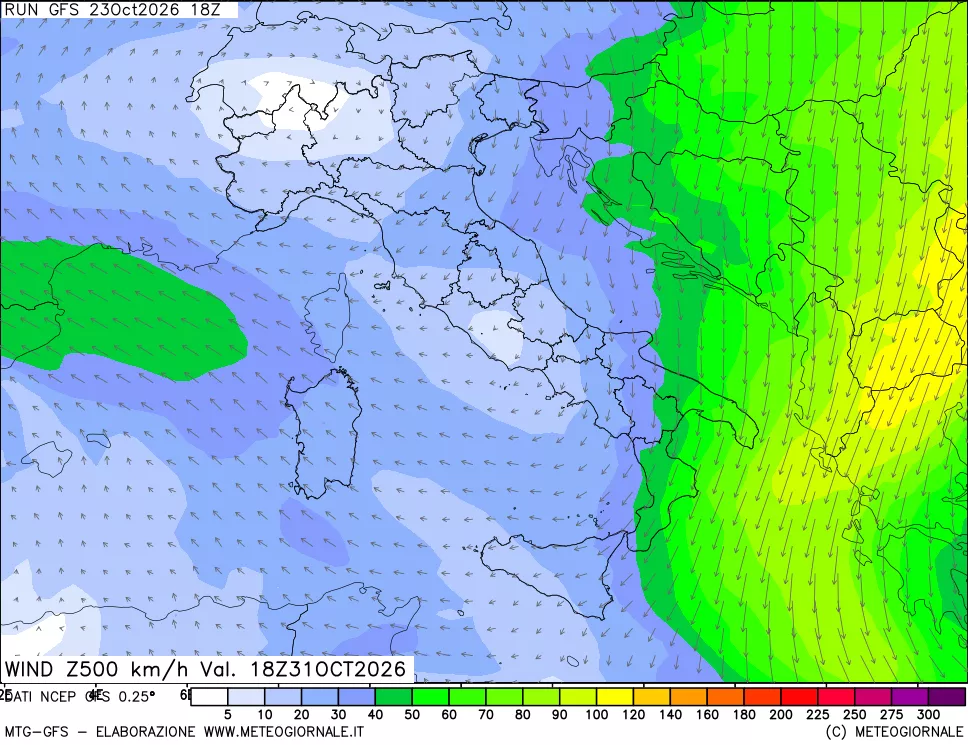 mappa 500 hPa Vento forza e direzione