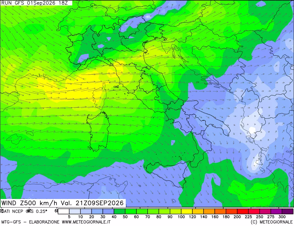 mappa 500 hPa Vento forza e direzione