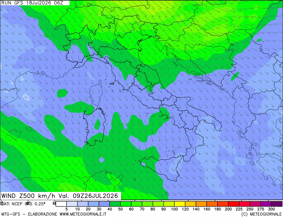 mappa 500 hPa Vento forza e direzione