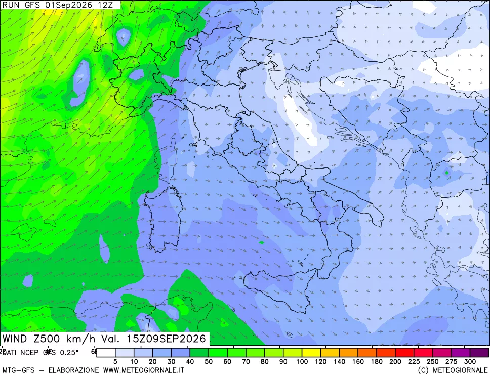 mappa 500 hPa Vento forza e direzione