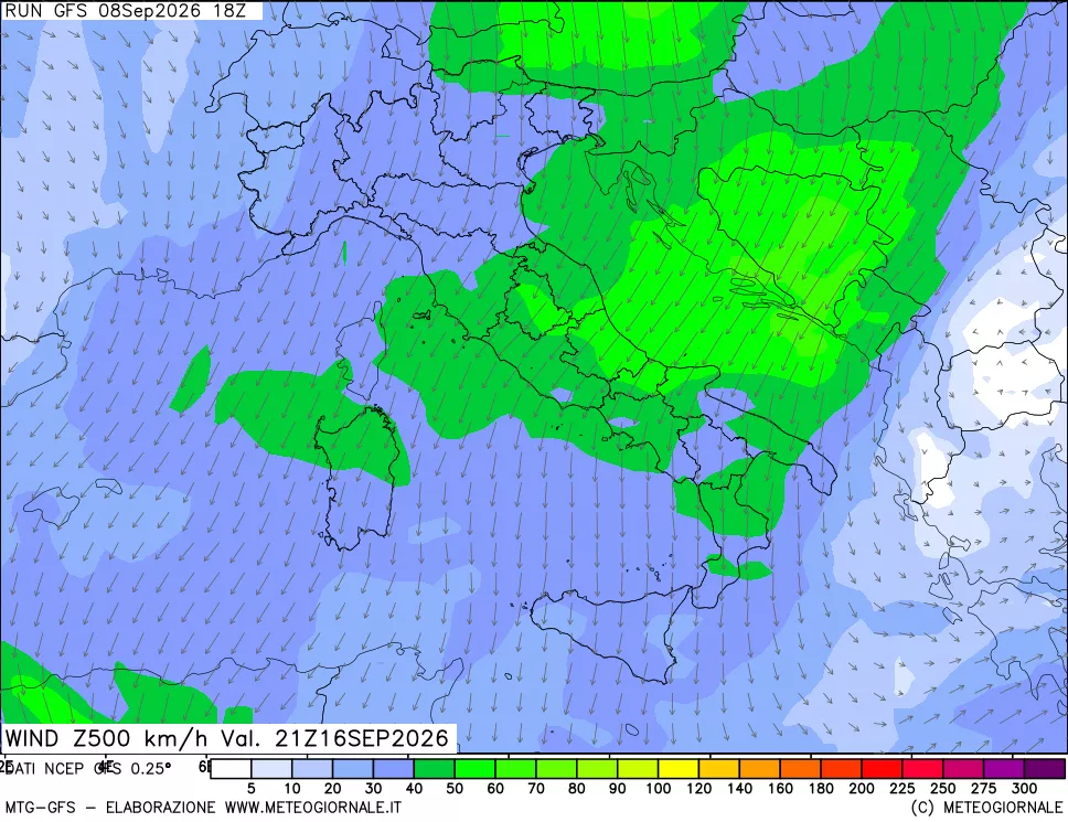 mappa 500 hPa Vento forza e direzione