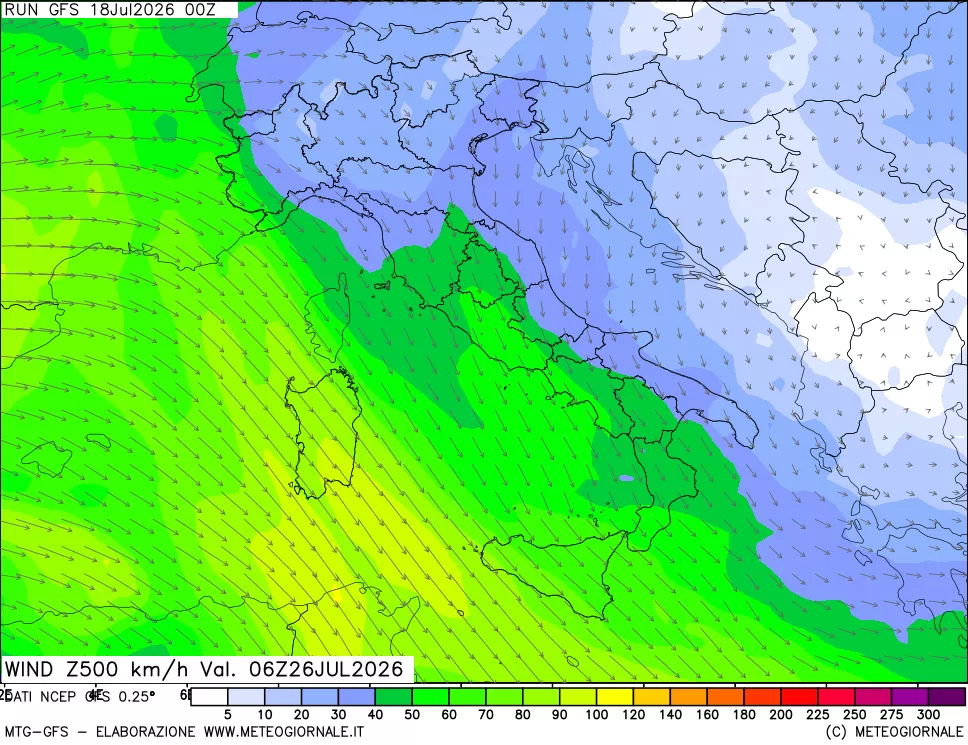 mappa 500 hPa Vento forza e direzione