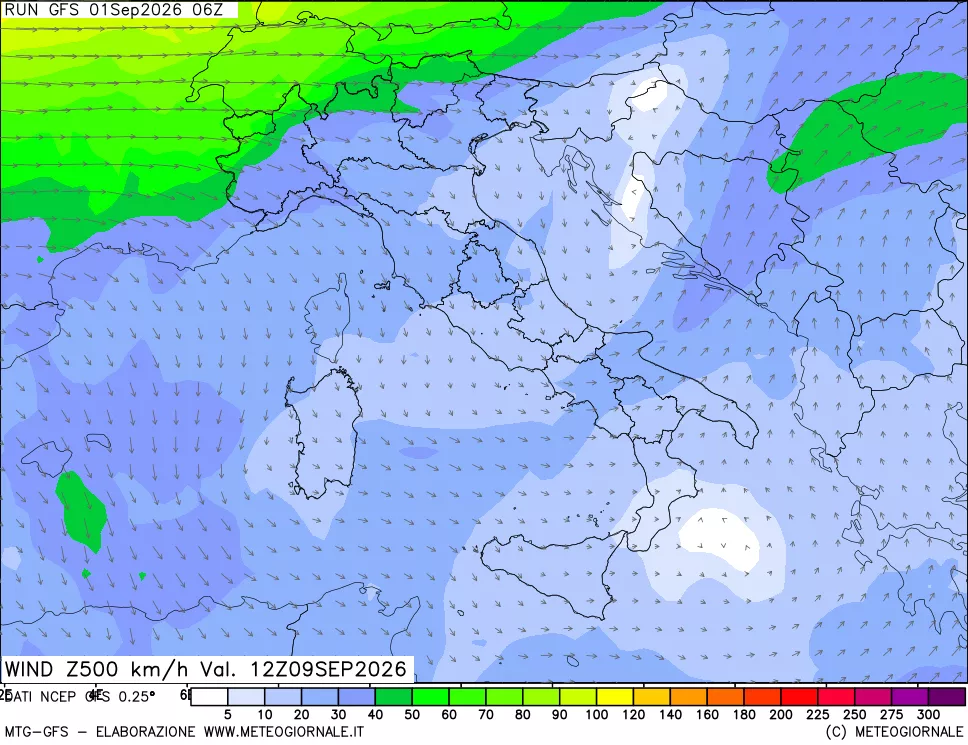 mappa 500 hPa Vento forza e direzione