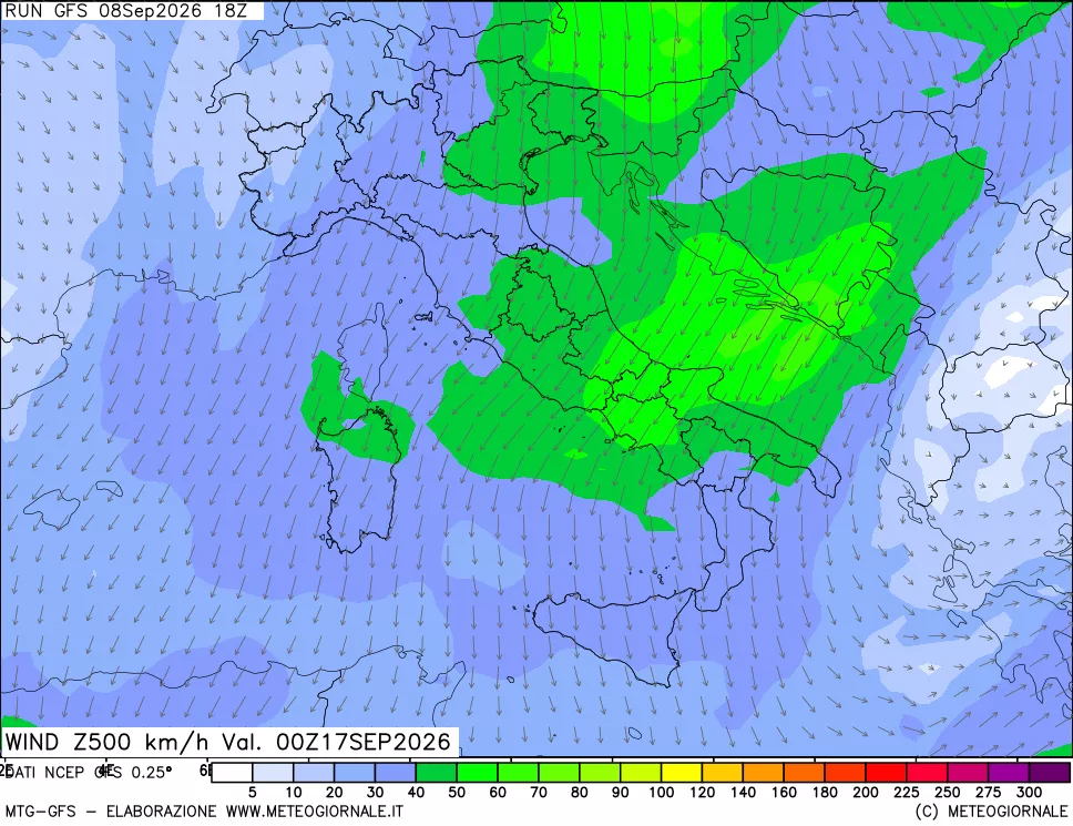 mappa 500 hPa Vento forza e direzione