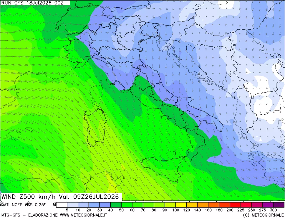mappa 500 hPa Vento forza e direzione