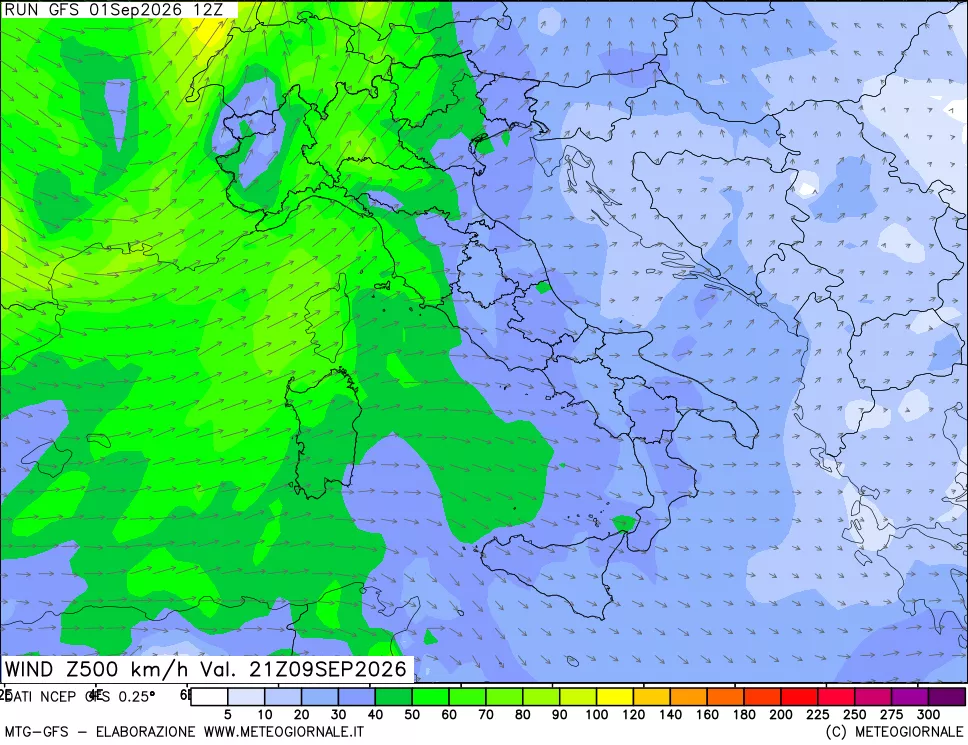 mappa 500 hPa Vento forza e direzione