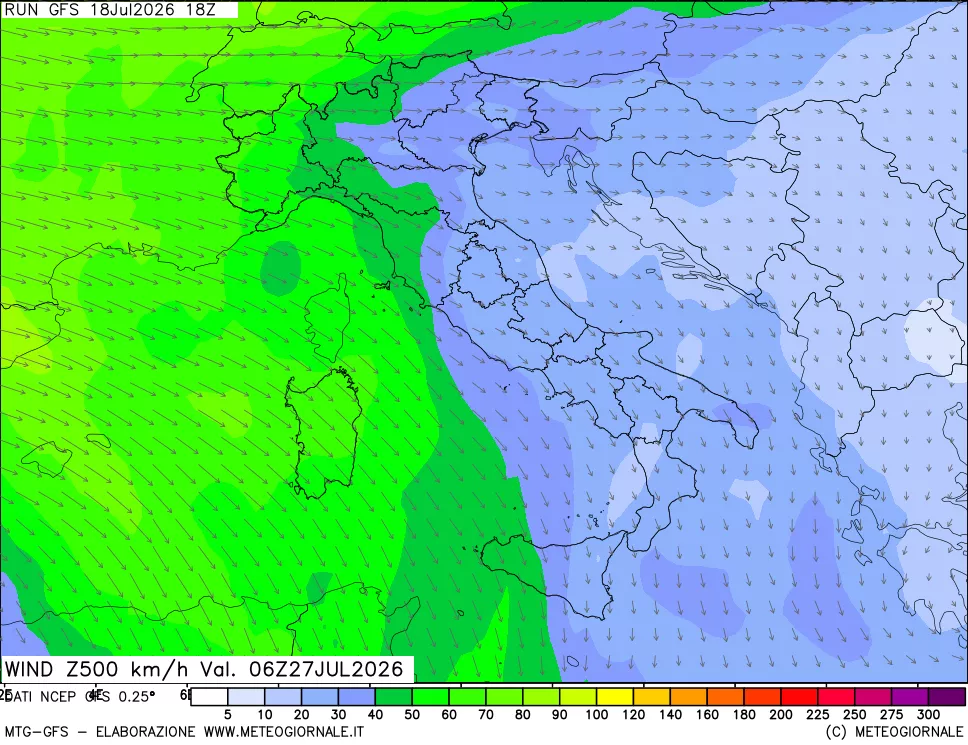 mappa 500 hPa Vento forza e direzione