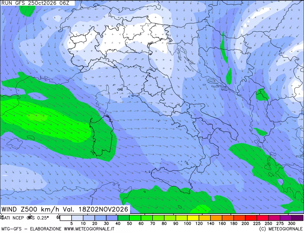 mappa 500 hPa Vento forza e direzione