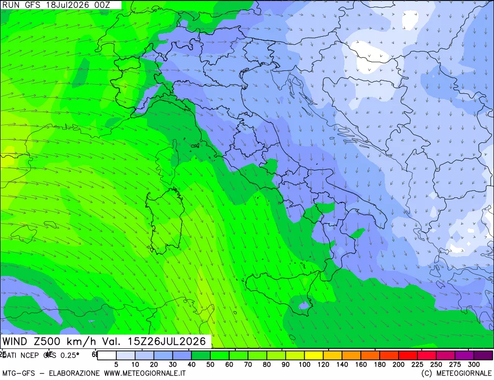mappa 500 hPa Vento forza e direzione