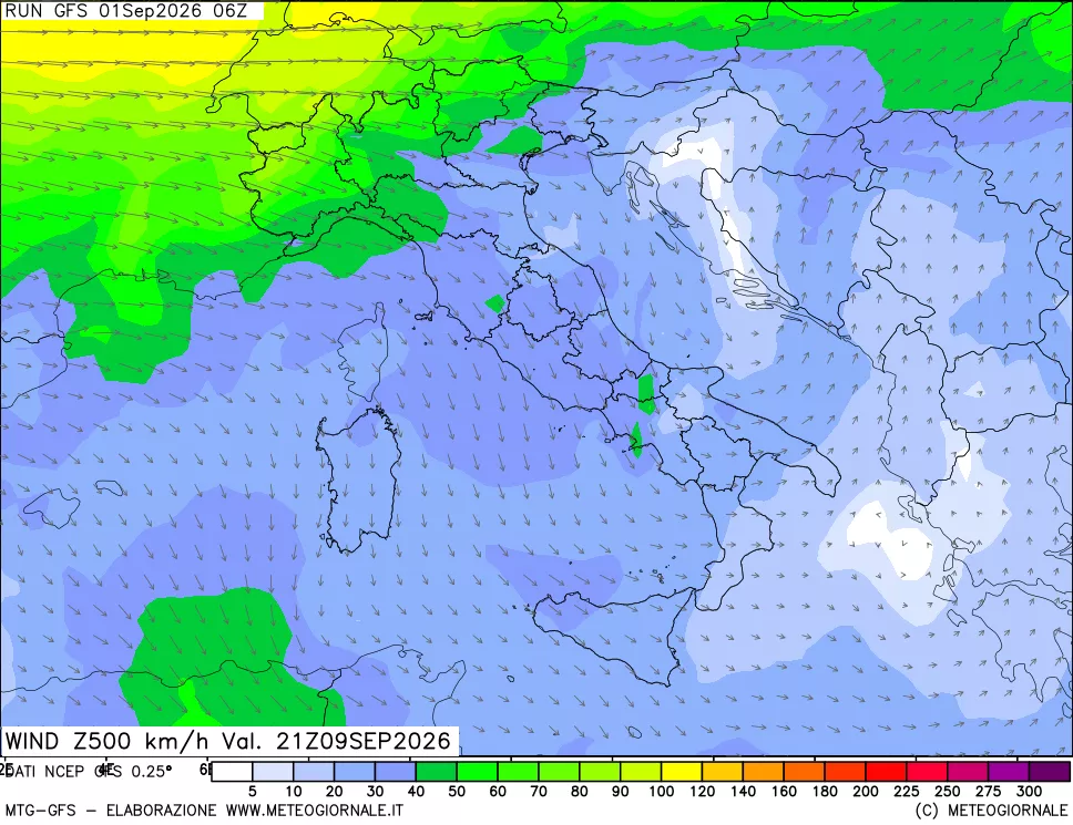 mappa 500 hPa Vento forza e direzione