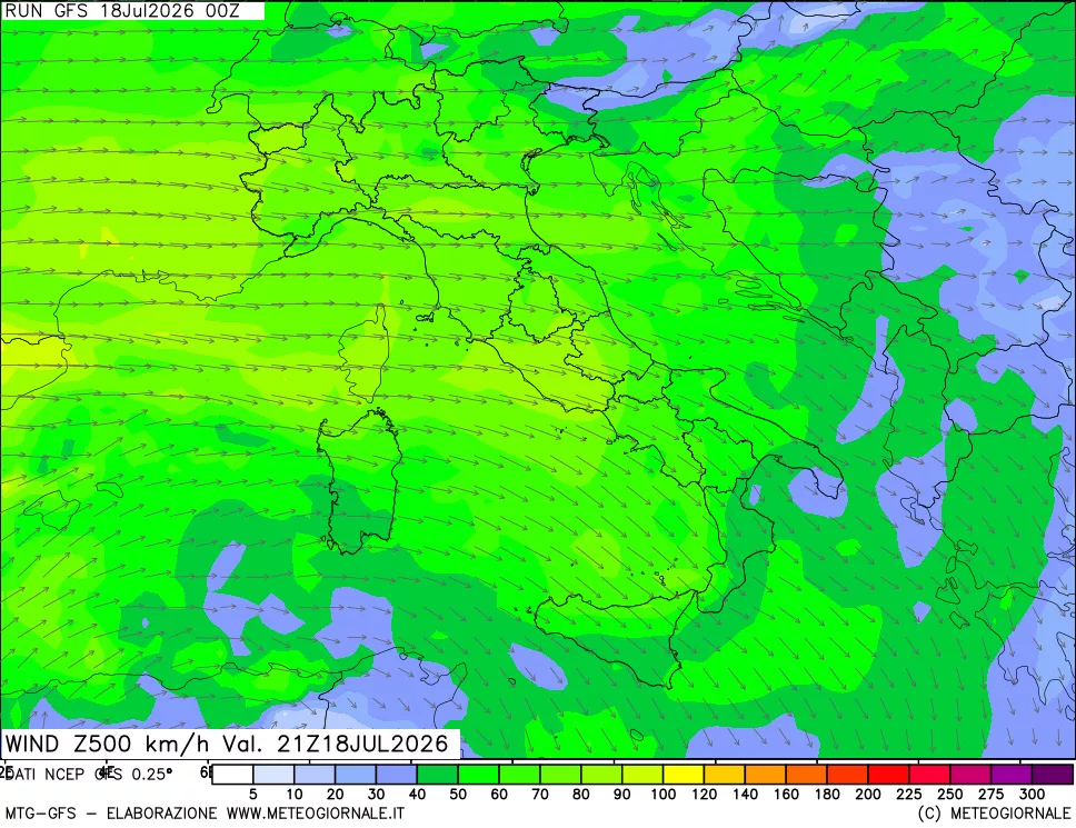 mappa 500 hPa Vento forza e direzione