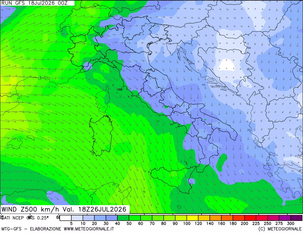 mappa 500 hPa Vento forza e direzione