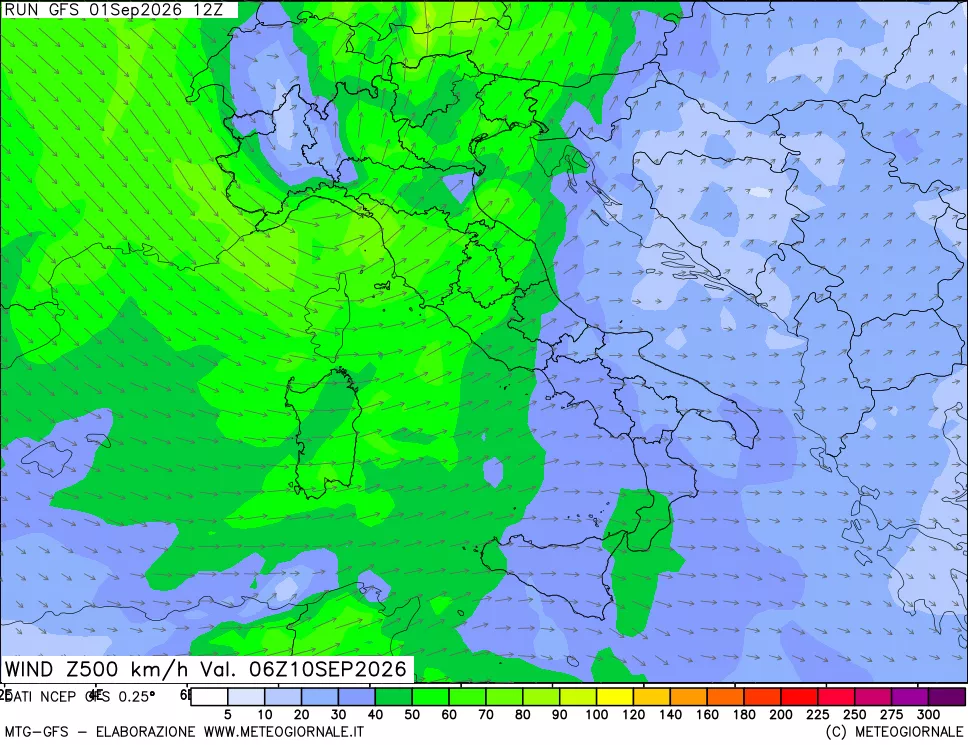 mappa 500 hPa Vento forza e direzione