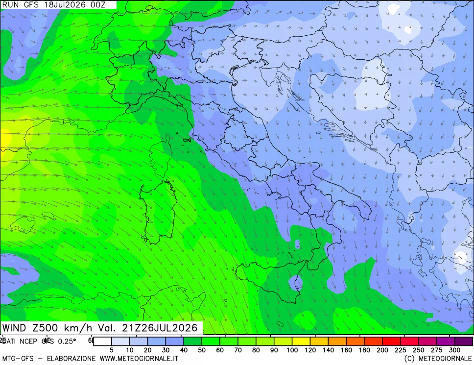 mappa 500 hPa Vento forza e direzione