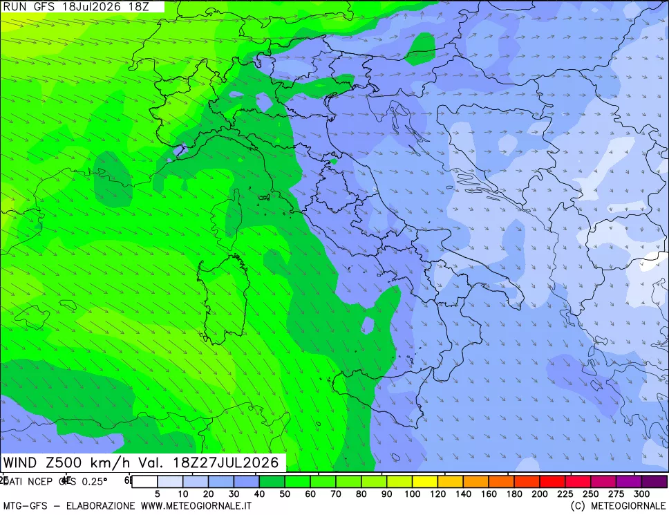 mappa 500 hPa Vento forza e direzione