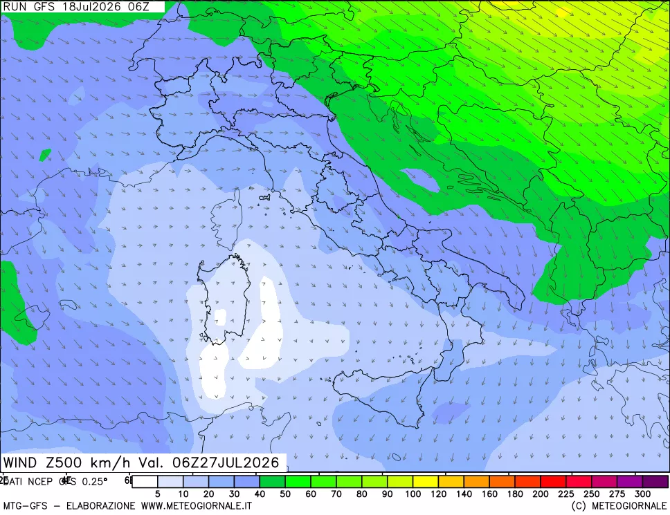 mappa 500 hPa Vento forza e direzione