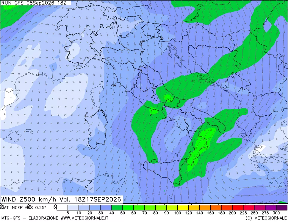 mappa 500 hPa Vento forza e direzione