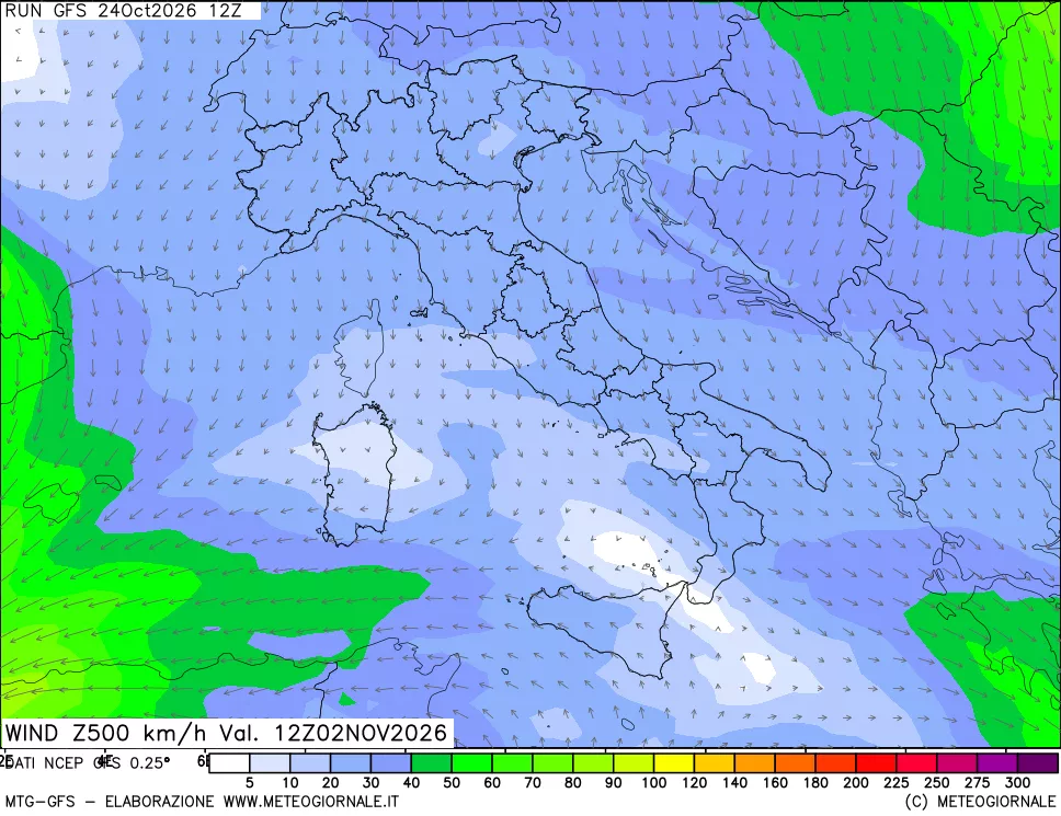 mappa 500 hPa Vento forza e direzione