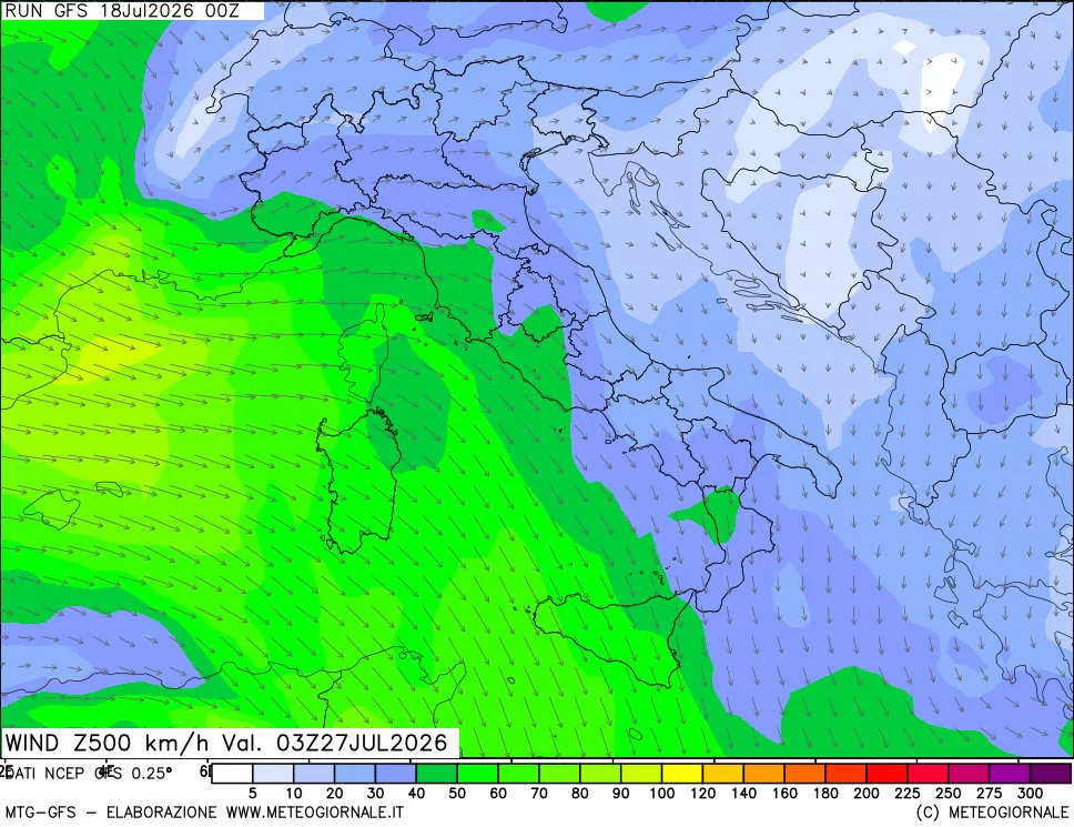 mappa 500 hPa Vento forza e direzione
