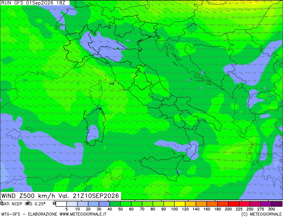mappa 500 hPa Vento forza e direzione