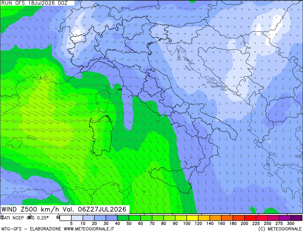 mappa 500 hPa Vento forza e direzione
